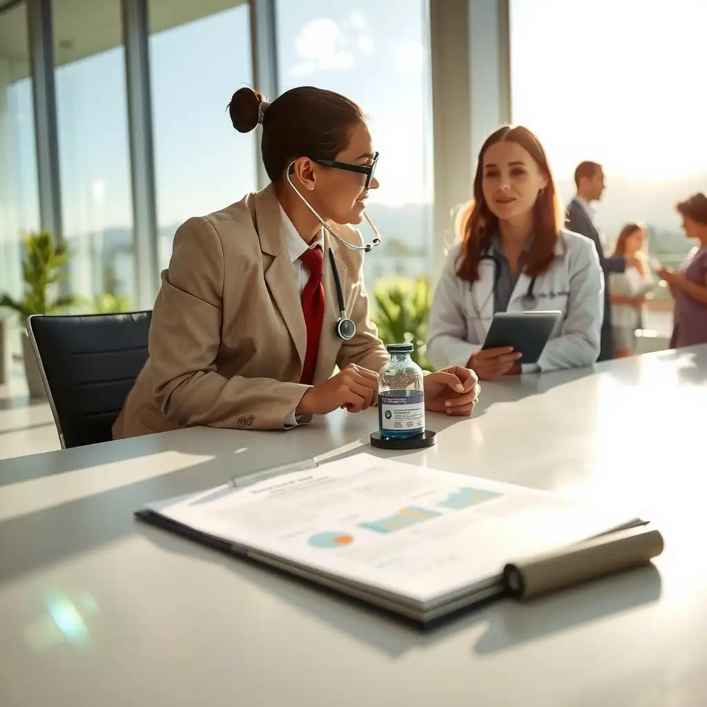 A modern healthcare facility scene featuring professionals discussing financial documents, with views of California's landscape through large windows, conveying clarity and opportunity in healthcare financing.