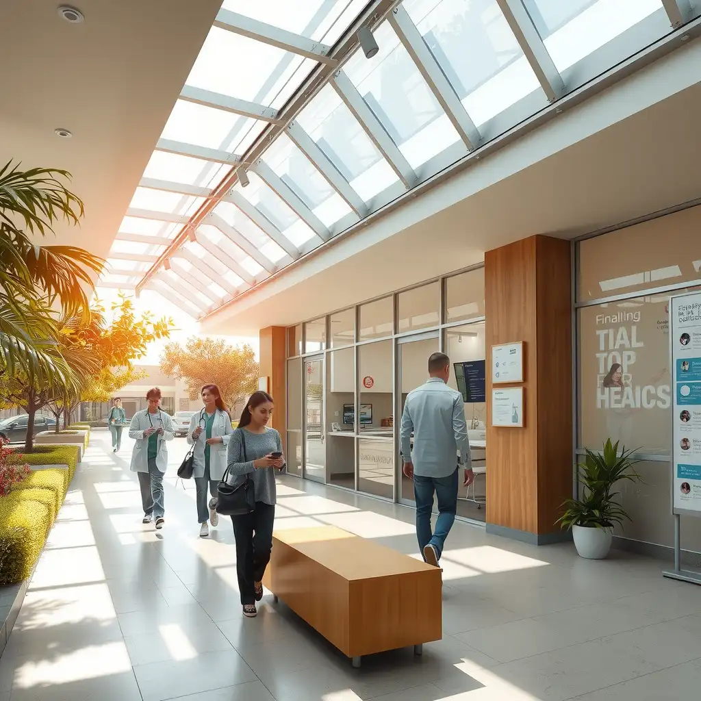 A vibrant modern healthcare facility in California, featuring patients and healthcare professionals interacting, with informative signage about financing options and elements of the diverse landscape. The scene conveys accessibility, innovation, hope, and empowerment in healthcare.