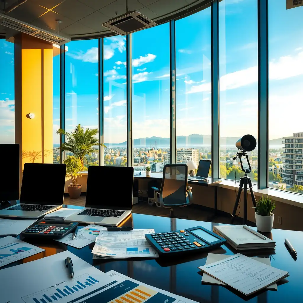 A modern office workspace featuring stacks of invoices, financial charts, a calculator, and subtle healthcare elements like a stethoscope, conveying efficiency and professionalism in healthcare finance.