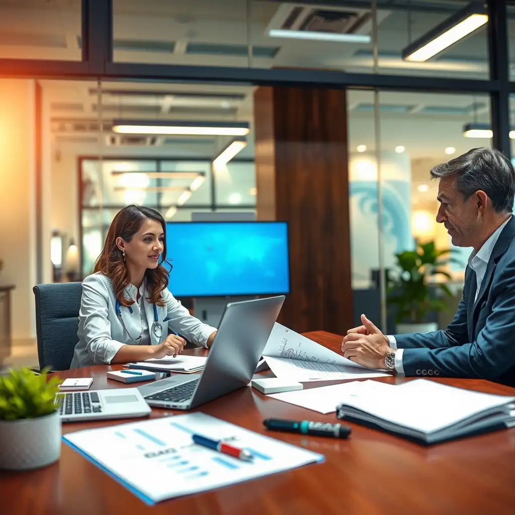 A modern financial office environment with professionals discussing healthcare financing, surrounded by laptops, charts, and medical elements, conveying innovation and collaboration.