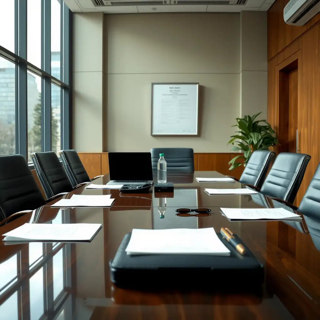 A professional conference room set up for legal proceedings, featuring a polished table, neatly arranged documents, and modern technology, conveying an atmosphere of readiness and professionalism.