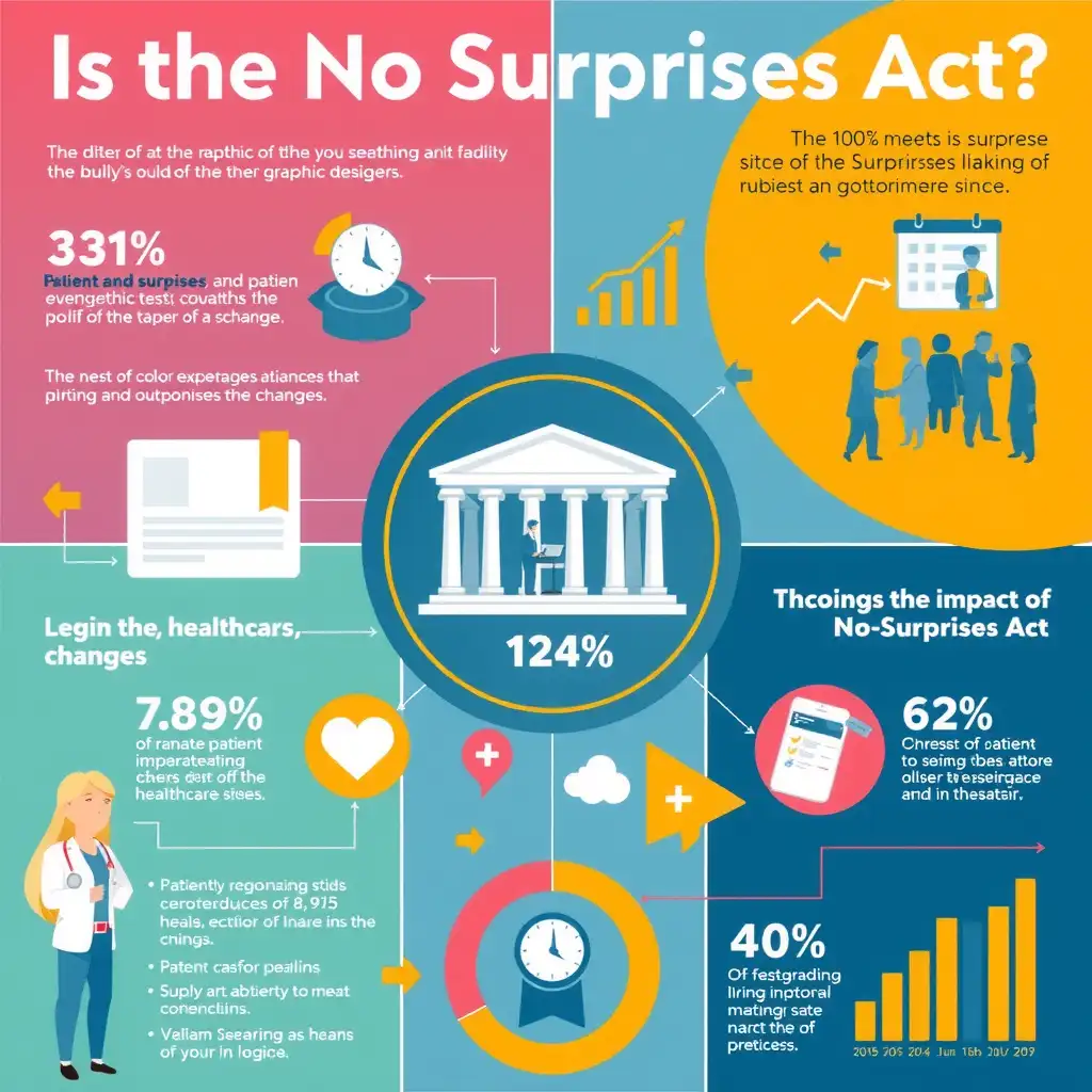 An engaging infographic illustrating the impact of the No Surprises Act, featuring vibrant colors, charts, graphs, and icons representing patient experiences, healthcare costs, and legislative changes.