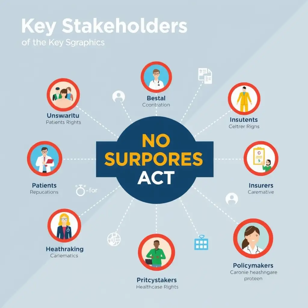 Infographic illustrating the key stakeholders of the No Surprises Act, featuring distinct icons for patients, healthcare providers, insurers, and policymakers, interconnected to show their roles and relationships, with a vibrant color palette.