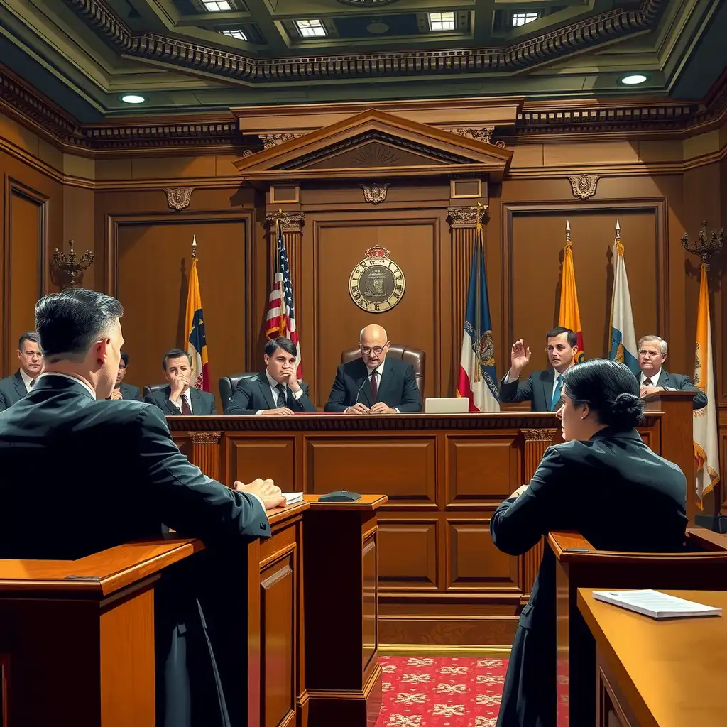 A tense courtroom scene featuring a judge at the bench, attorneys engaged in a heated argument, and jurors displaying expressions of shock and realization, capturing the gravity of legal proceedings.