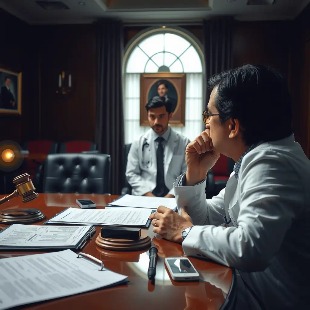 A physician in a professional courtroom setting, preparing for a deposition, surrounded by legal documents and dramatic lighting that emphasizes the seriousness of the situation.