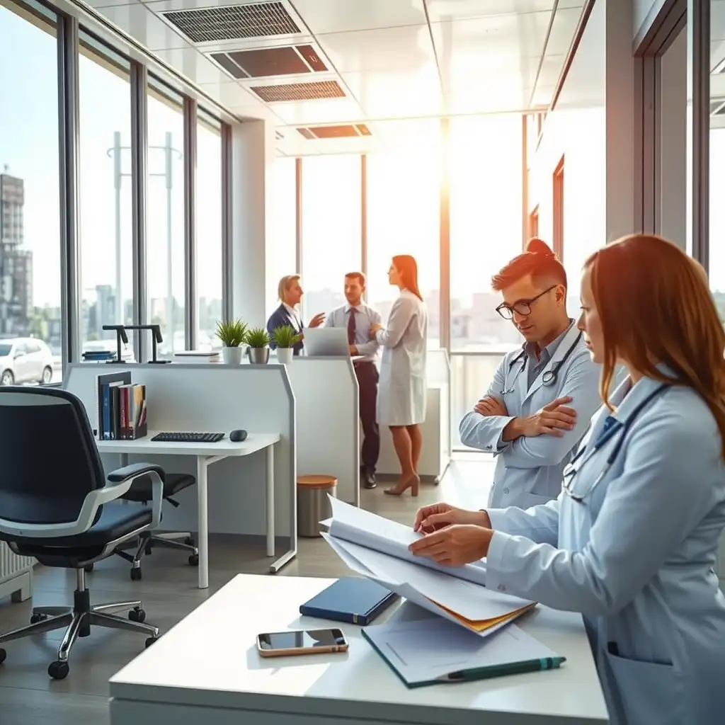 A modern medical office scene showcasing healthcare professionals discussing medical charts and billing documents, highlighting the intersection of healthcare and finance in a sleek, professional environment.