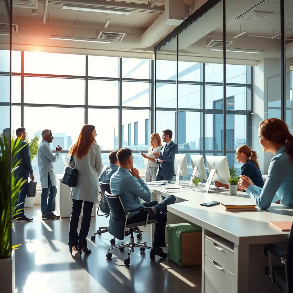 A modern office setting showcasing healthcare professionals engaged in discussions about financial solutions, featuring sleek interiors and collaborative workspaces that highlight the intersection of healthcare and finance.