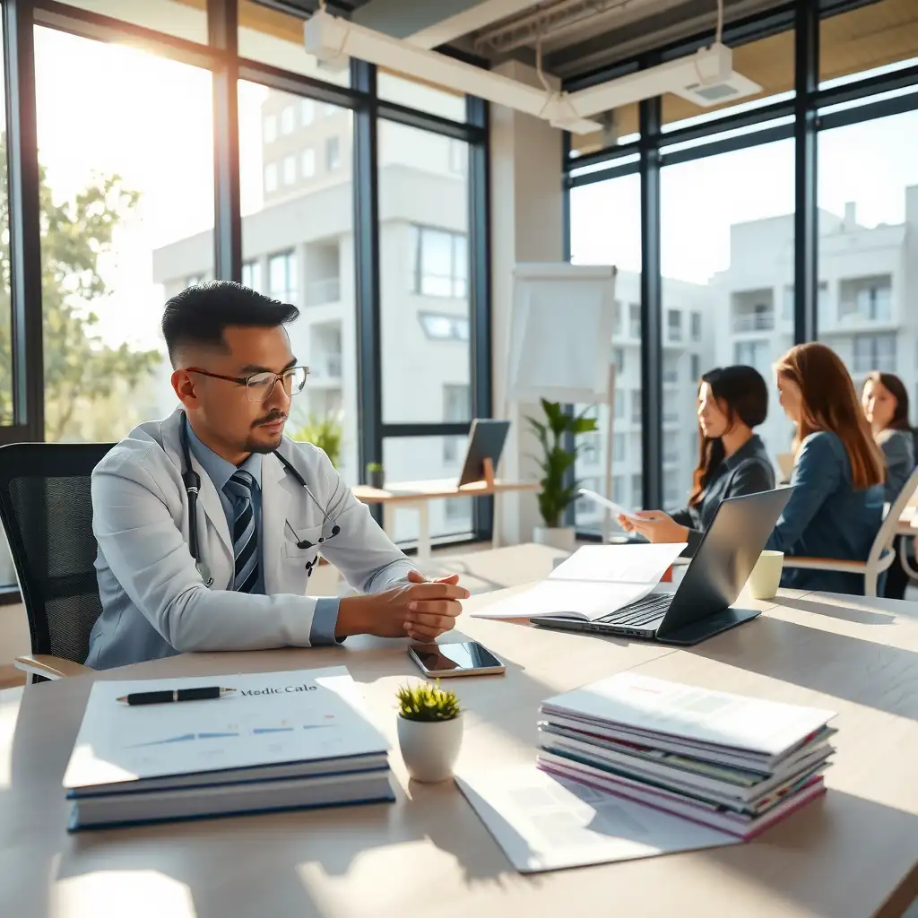 Modern office setting for healthcare professionals discussing medical financing, featuring sleek desks, informative brochures, and an atmosphere of professionalism and innovation.