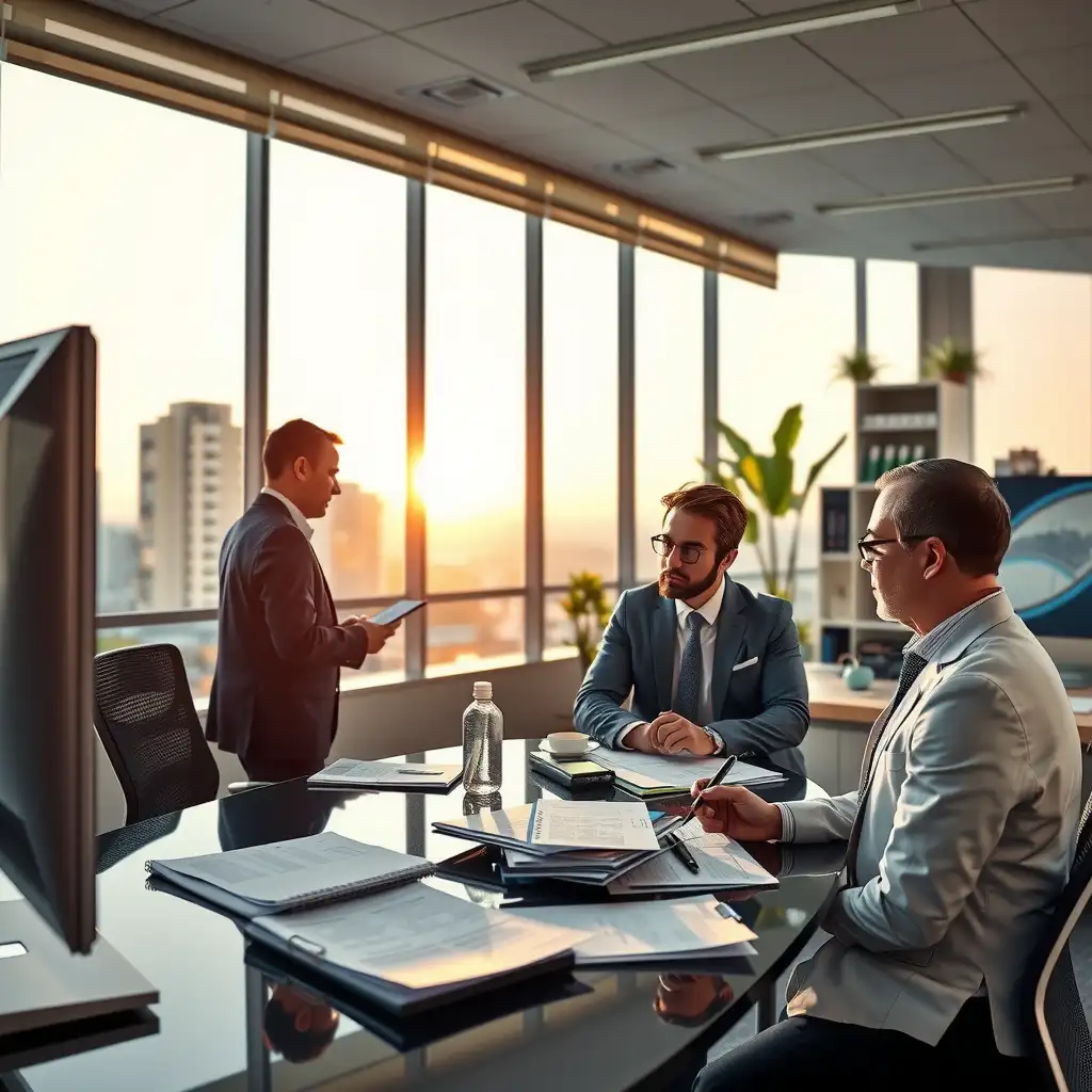 A modern office environment featuring healthcare professionals discussing financial documents, showcasing a dynamic and professional atmosphere in the medical factoring industry.