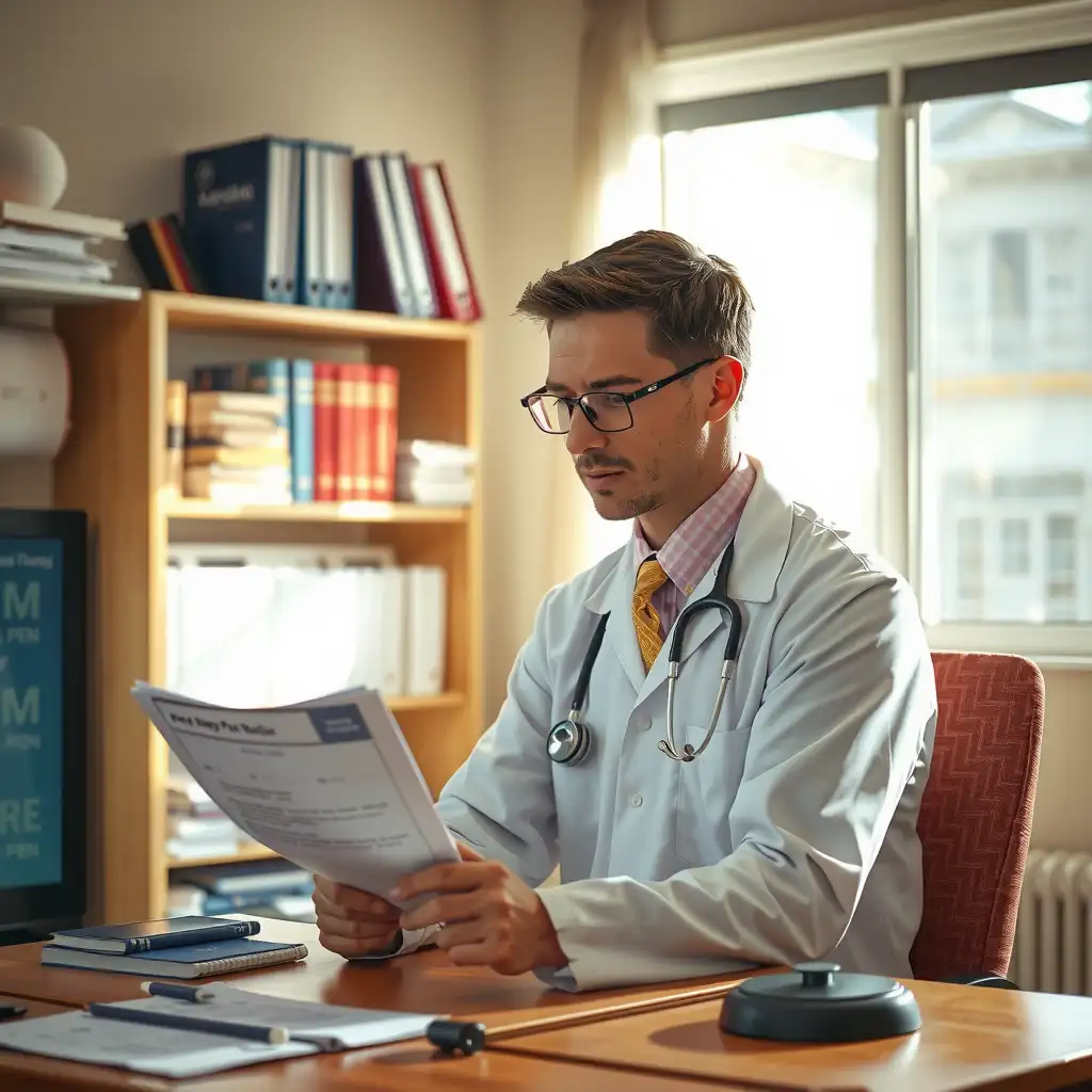 A physician in a well-organized office, reviewing legal documents related to a PMK subpoena, surrounded by medical books and case files, conveying professionalism and diligence.