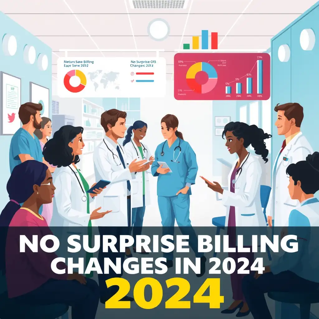 A vibrant graphic depicting diverse individuals interacting with healthcare professionals in a modern setting, featuring charts and infographics that highlight key aspects of the No Surprise Billing Act and its impact on patients and providers.