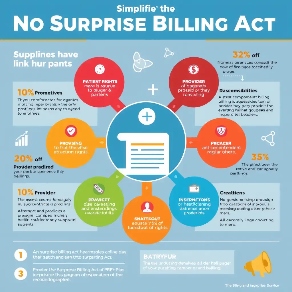 Infographic summarizing the No Surprise Billing Act, featuring colorful graphics and key components like patient rights, provider responsibilities, and important statistics in an engaging layout.