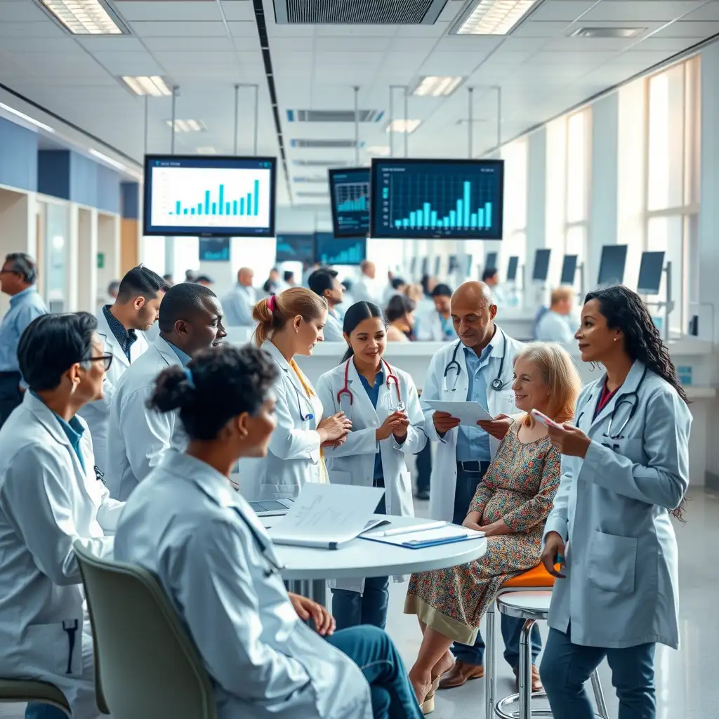 A modern healthcare facility bustling with diverse professionals engaged in discussions and patient interactions, showcasing collaboration and transparency. Digital screens display charts and graphs, symbolizing the balance between quality care and financial oversight. The image reflects trust and integrity in the healthcare landscape.