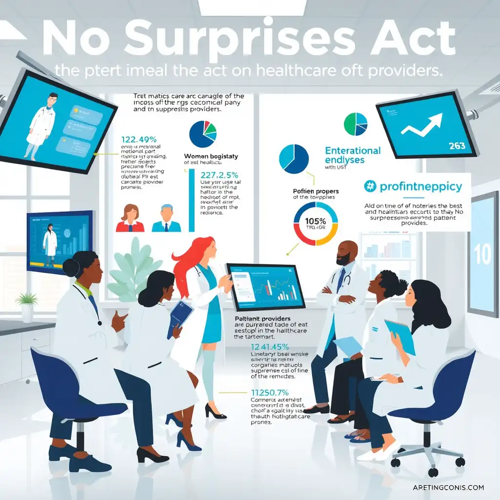 A modern medical office scene featuring diverse healthcare professionals discussing patient care, with digital screens showing data analytics and visual representations of patient-provider relationships, symbolizing collaboration and transparency in the context of the No Surprises Act.