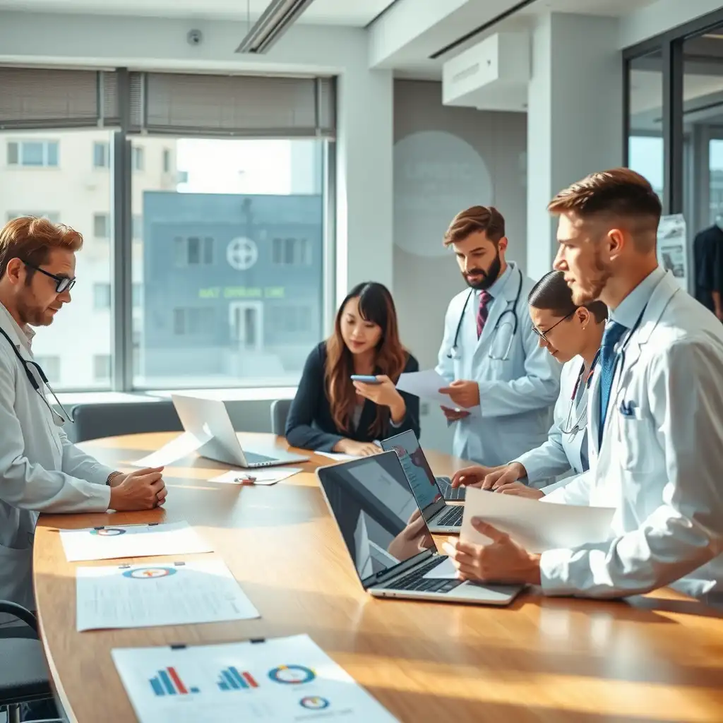 A diverse group of healthcare professionals engaged in a collaborative discussion around a conference table, reviewing documents and charts related to healthcare legislation in a modern office setting.