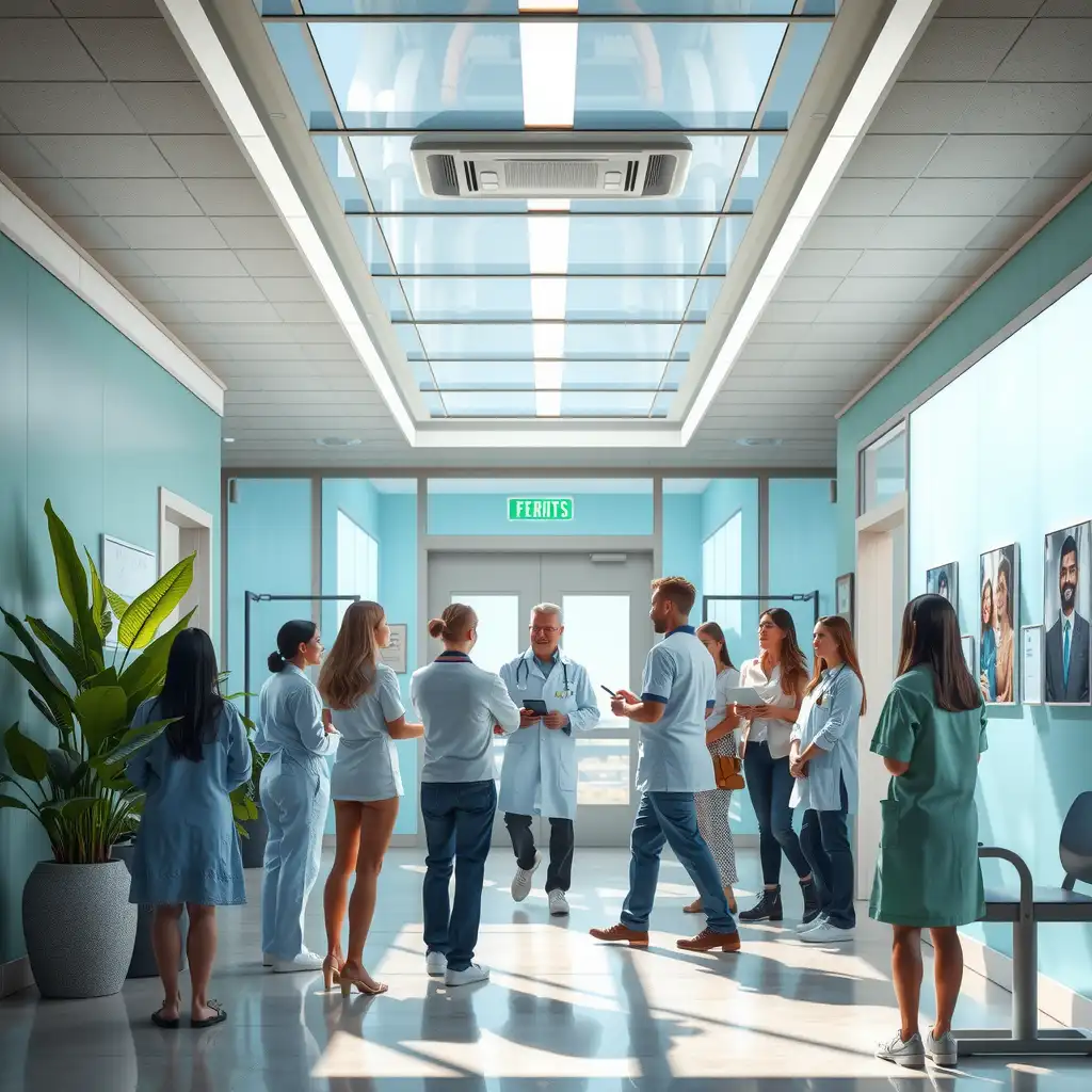 A serene hospital environment in California, featuring diverse individuals interacting with healthcare professionals, embodying trust and support in healthcare.