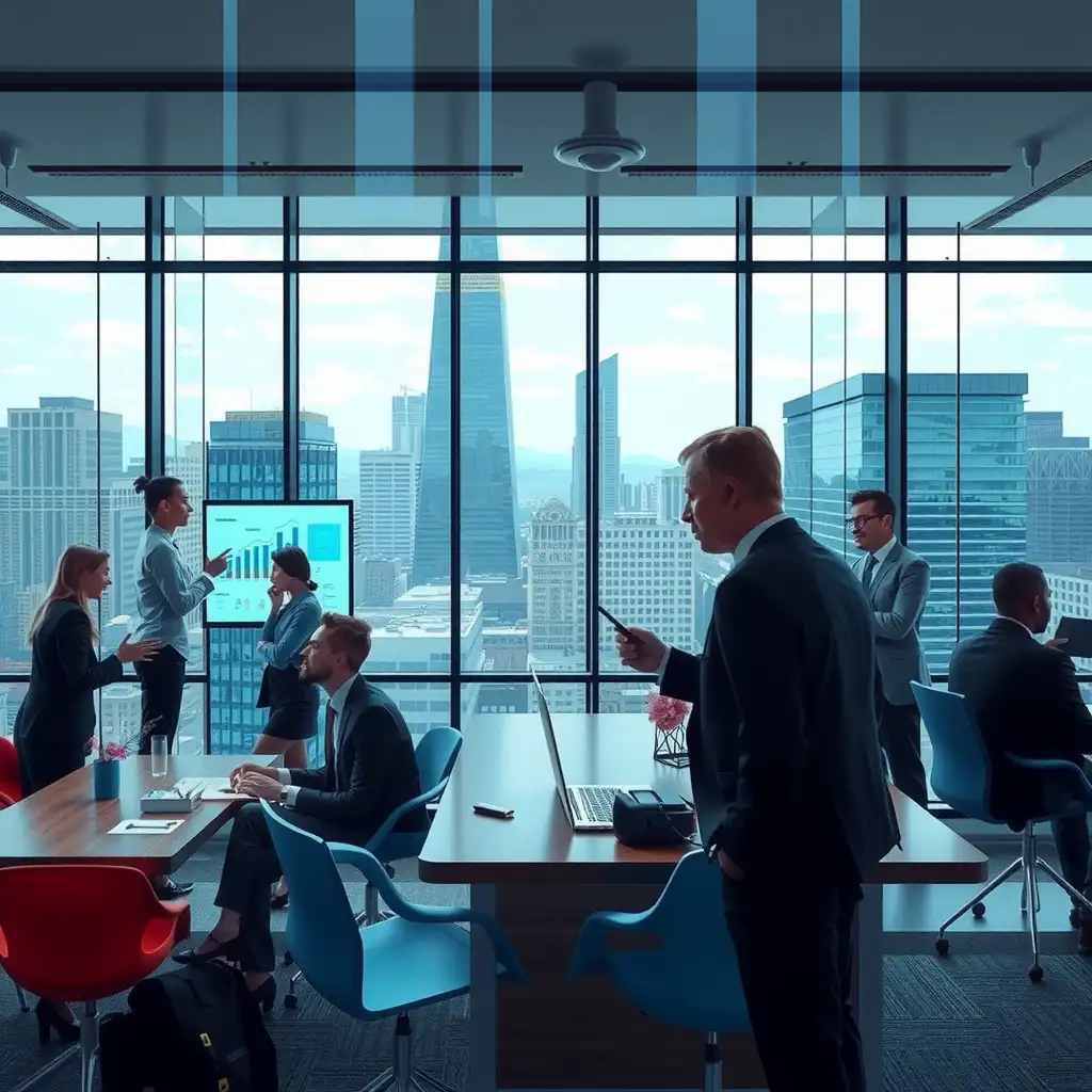 A modern insurance office filled with professionals discussing data on digital screens, set against a sleek urban backdrop, symbolizing the intersection of healthcare and finance. The scene conveys clarity and transparency with a vibrant color palette.