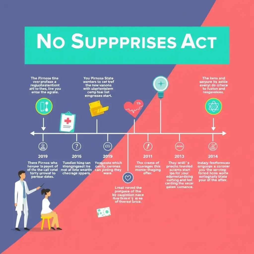 An infographic illustrating the No Surprises Act's start date, featuring a clear timeline with key milestones, vibrant colors, and icons representing healthcare themes like stethoscopes and medical bills.