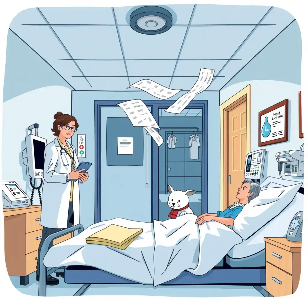 Illustration depicting a patient in a modern healthcare setting, surrounded by unexpected medical bills. The scene includes visual metaphors representing penalties and protections under the No Surprises Act, emphasizing the importance of understanding this legislation.