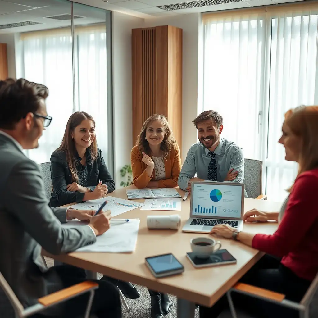 A diverse group of professionals collaborates around a table filled with documents and digital devices, showcasing teamwork and clear communication in a serene office environment.