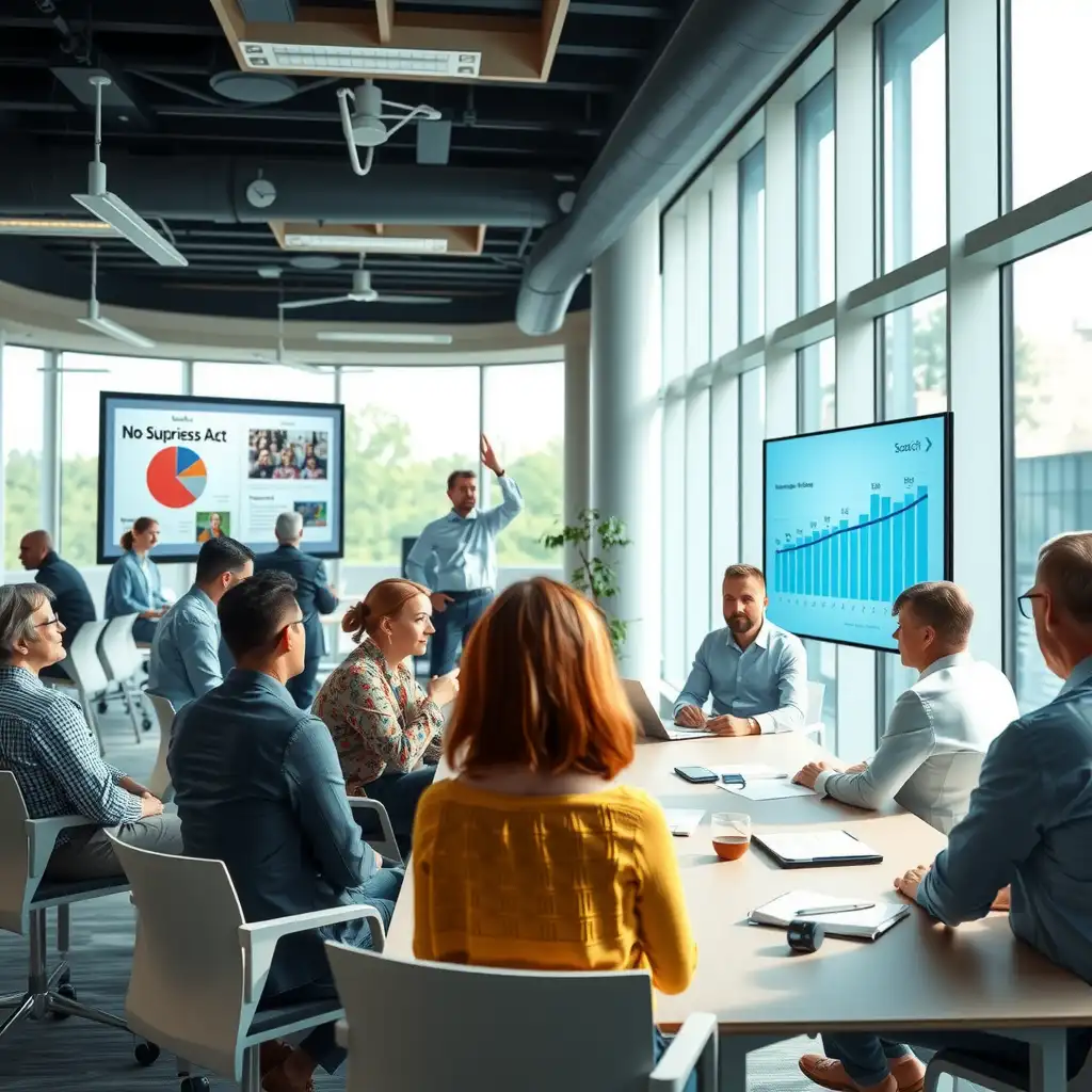 A modern conference room filled with diverse healthcare professionals engaging in discussions, with digital presentations and charts highlighting the Proposed Rules of the No Surprises Act. The atmosphere is collaborative and innovative, emphasizing the importance of healthcare transparency.