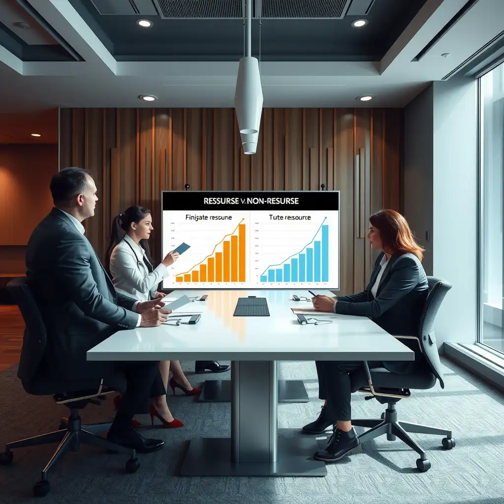 A modern office scene depicting professionals discussing healthcare financing options, featuring charts and digital displays that illustrate recourse and non-recourse factoring concepts.