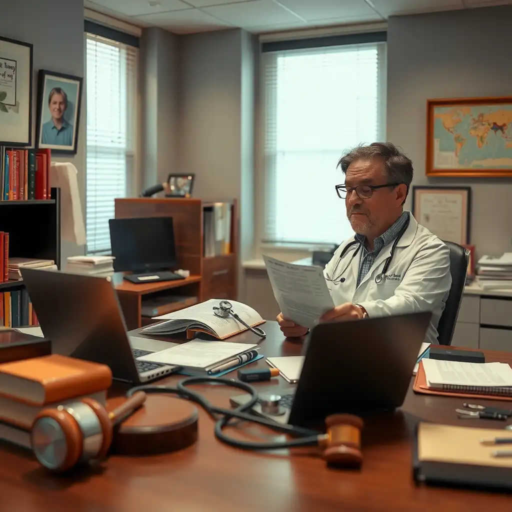 A physician in a modern medical office reviews legal documents at a desk, surrounded by medical books and patient charts, conveying professionalism and compassion.