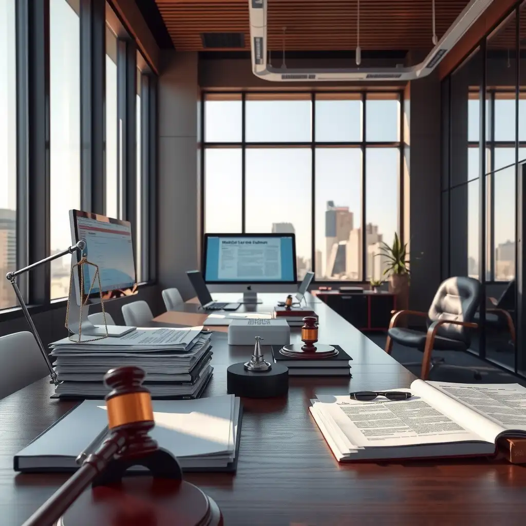 A modern office scene featuring a well-organized desk with medical records, legal documents, and a computer screen, conveying professionalism and attention to detail.