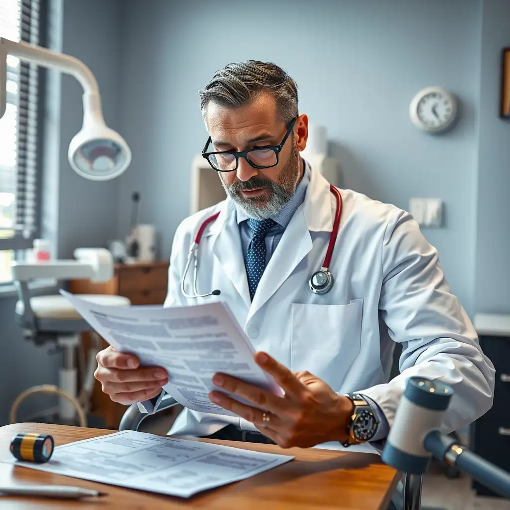 A dentist in a consultation room reviewing legal documents, surrounded by dental tools and patient records, conveying professionalism and responsibility.