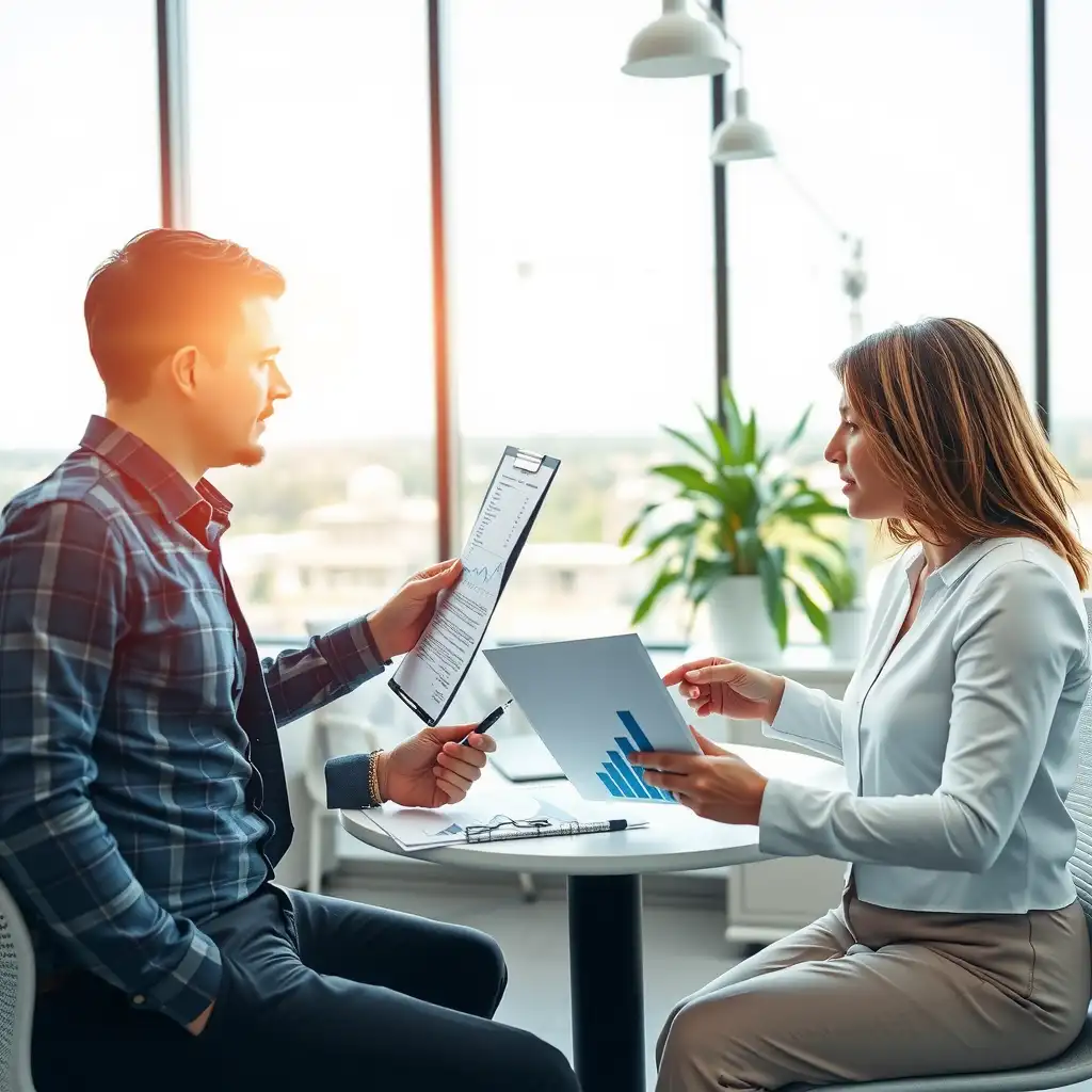 A modern office scene depicting professionals discussing financial documents, with charts showing upward trends and healthcare visuals, symbolizing growth and opportunity in medical factoring.