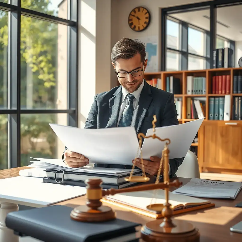 A focused attorney reviewing organized billing documents in a modern law office, with natural light illuminating the scene and subtle symbols of justice in the background.