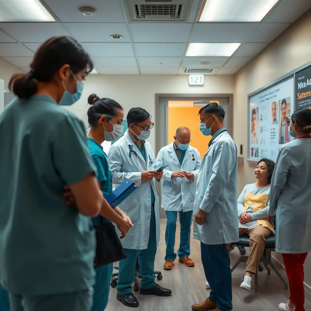 A vibrant healthcare facility scene showing professionals interacting with patients, featuring informative signage about patient rights and the No Surprises Act, conveying a sense of trust and empowerment in the healthcare system.