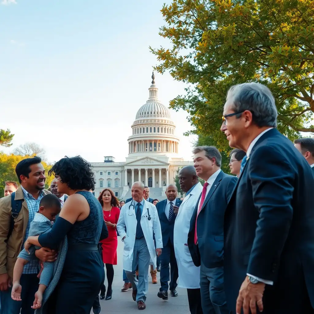 A diverse group of people, including families and healthcare providers, gather in front of the U.S. Capitol building, expressing relief and hope as they celebrate the positive impact of the No Surprises Act on healthcare reform.